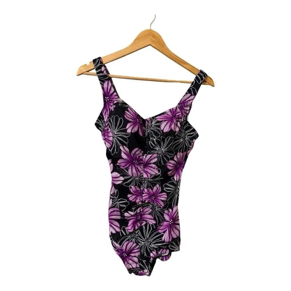 Maxine Of Hollywood Size 12 One Piece Swimsuit Black Purple Tropical Floral Slim